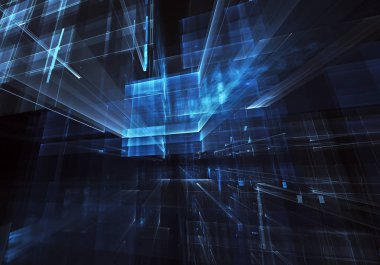 Bilgisayar soyut tehnoloji 3D illüstrasyon üretti. Üç boyutlu üç boyutlu fraktal, doku