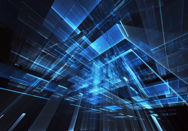 3d fraktal arka plan, 3d çizim. Sanal Neon şehir