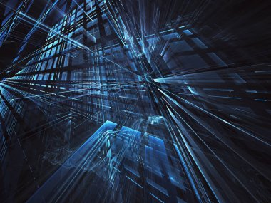 3d fraktal arka plan, 3d çizim. Sanal Neon şehir