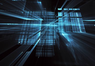 3d fraktal arka plan, 3d çizim. Sanal Neon şehir