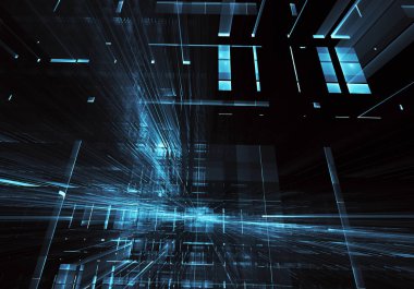 3d fraktal arka plan, 3d çizim. Sanal Neon şehir