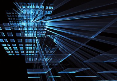 3d fraktal arka plan, 3d çizim. Sanal Neon şehir