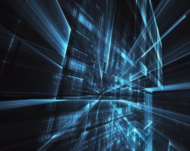 3d fraktal arka plan, 3d çizim. Sanal Neon şehir