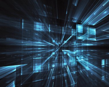 3d fraktal arka plan, 3d çizim. Sanal Neon şehir