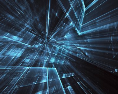 3d fraktal arka plan, 3d çizim. Sanal Neon şehir