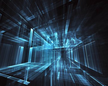 3d fraktal arka plan, 3d çizim. Sanal Neon şehir