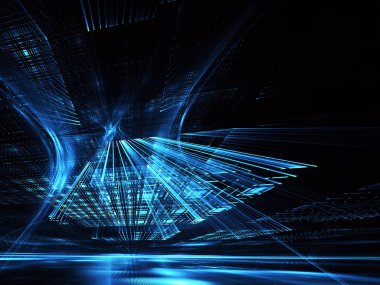 3d fraktal arka plan, 3d çizim. Sanal Neon şehir