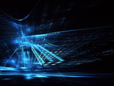 3d fraktal arka plan, 3d çizim. Sanal Neon şehir