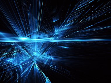 3d fraktal arka plan, 3d çizim. Sanal Neon şehir