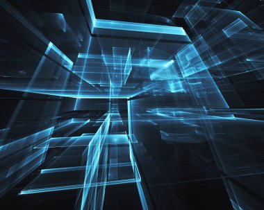 3d fraktal arka plan, 3d çizim. Sanal Neon şehir