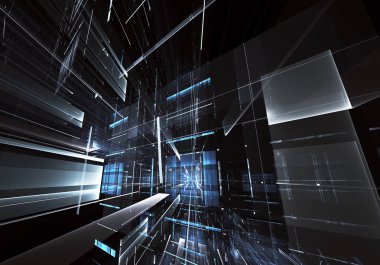 3d fraktal arka plan, 3d çizim. Sanal Neon şehir