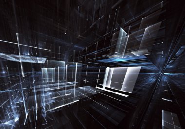 3d fraktal arka plan, 3d çizim. Sanal Neon şehir