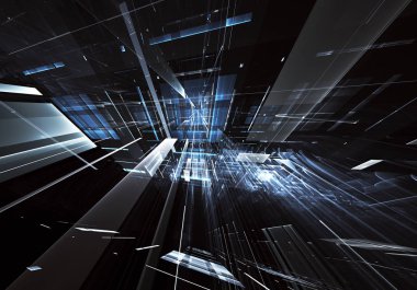 3d fraktal arka plan, 3d çizim. Sanal Neon şehir