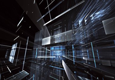 3d fraktal arka plan, 3d çizim. Sanal Neon şehir