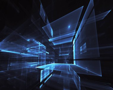 3d fraktal arka plan, 3d çizim. Sanal Neon şehir