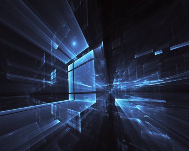 3d fraktal arka plan, 3d çizim. Sanal Neon şehir