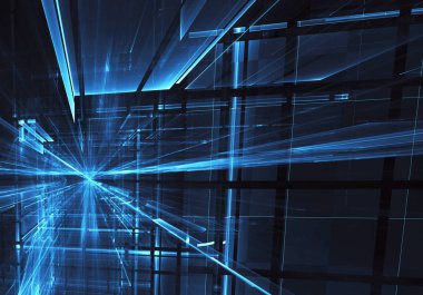 3d fraktal arka plan, 3d çizim. Sanal Neon şehir