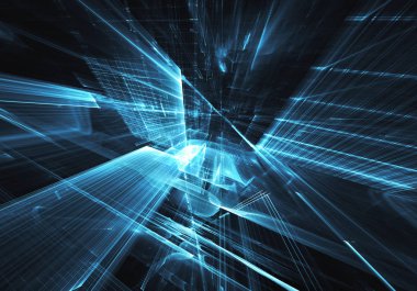 3d fraktal arka plan, 3d çizim. Sanal Neon şehir