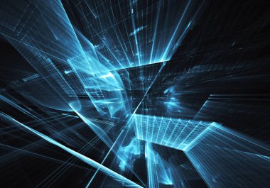 3d fraktal arka plan, 3d çizim. Sanal Neon şehir