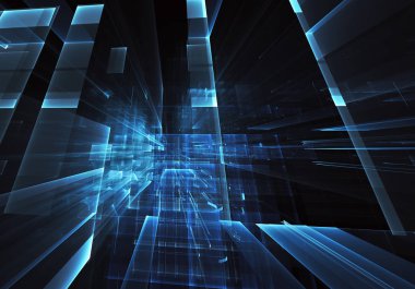 3d fraktal arka plan, 3d çizim. Sanal Neon şehir