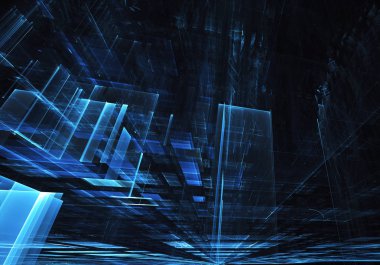 3d fraktal arka plan, 3d çizim. Sanal Neon şehir