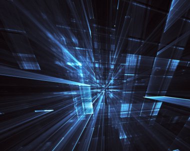 3d fraktal arka plan, 3d çizim. Sanal Neon şehir