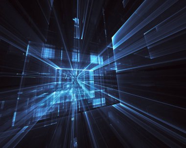 3d fraktal arka plan, 3d çizim. Sanal Neon şehir