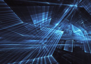 3d fraktal arka plan, 3d çizim. Sanal Neon şehir