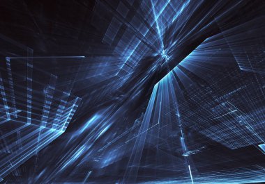 3d fraktal arka plan, 3d çizim. Sanal Neon şehir