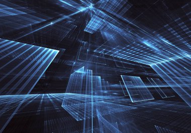 3d fraktal arka plan, 3d çizim. Sanal Neon şehir