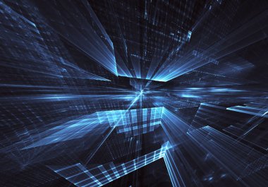 3d fraktal arka plan, 3d çizim. Sanal Neon şehir