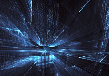 3d fraktal arka plan, 3d çizim. Sanal Neon şehir