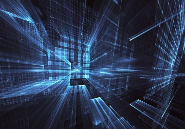 3d fraktal arka plan, 3d çizim. Sanal Neon şehir