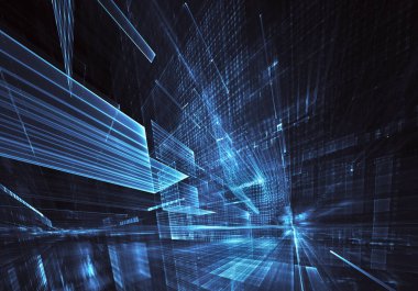 3d fraktal arka plan, 3d çizim. Sanal Neon şehir