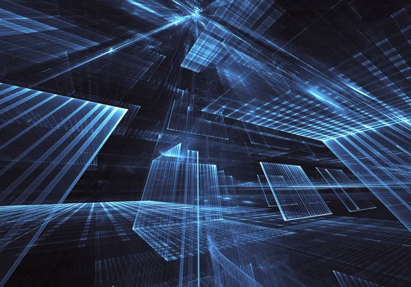 3d fraktal arka plan, 3d çizim. Sanal Neon şehir