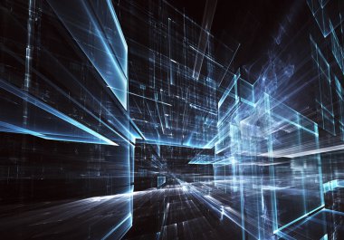 3d fraktal arka plan, 3d çizim. Sanal Neon şehir