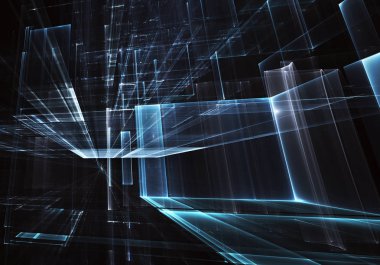 3d fraktal arka plan, 3d çizim. Sanal Neon şehir