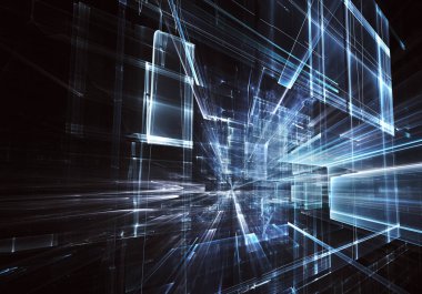 3d fraktal arka plan, 3d çizim. Sanal Neon şehir