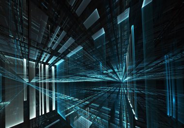 3d fraktal arka plan, 3d çizim. Sanal Neon şehir