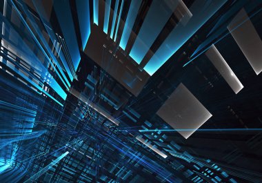 3d fraktal arka plan, 3d çizim. Sanal Neon şehir