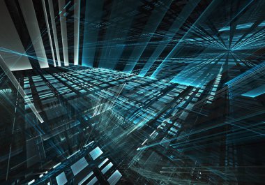 3d fraktal arka plan, 3d çizim. Sanal Neon şehir