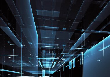 3d fraktal arka plan, 3d çizim. Sanal Neon şehir