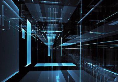 3d fraktal arka plan, 3d çizim. Sanal Neon şehir