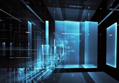 3d fraktal arka plan, 3d çizim. Sanal Neon şehir