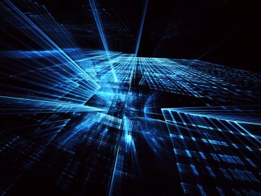 3d fraktal arka plan, 3d çizim. Sanal Neon şehir