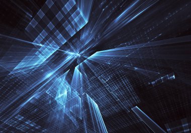 3d fraktal arka plan, 3d çizim. Sanal Neon şehir