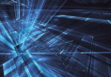 3d fraktal arka plan, 3d çizim. Sanal Neon şehir