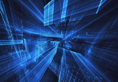 3d fraktal arka plan, 3d çizim. Sanal Neon şehir