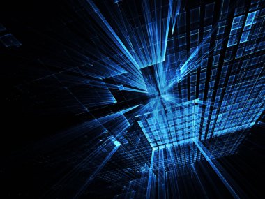 3d fraktal arka plan, 3d çizim. Sanal Neon şehir