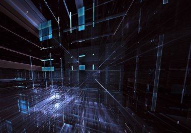 3d fraktal arka plan, 3d çizim. Sanal Neon şehir